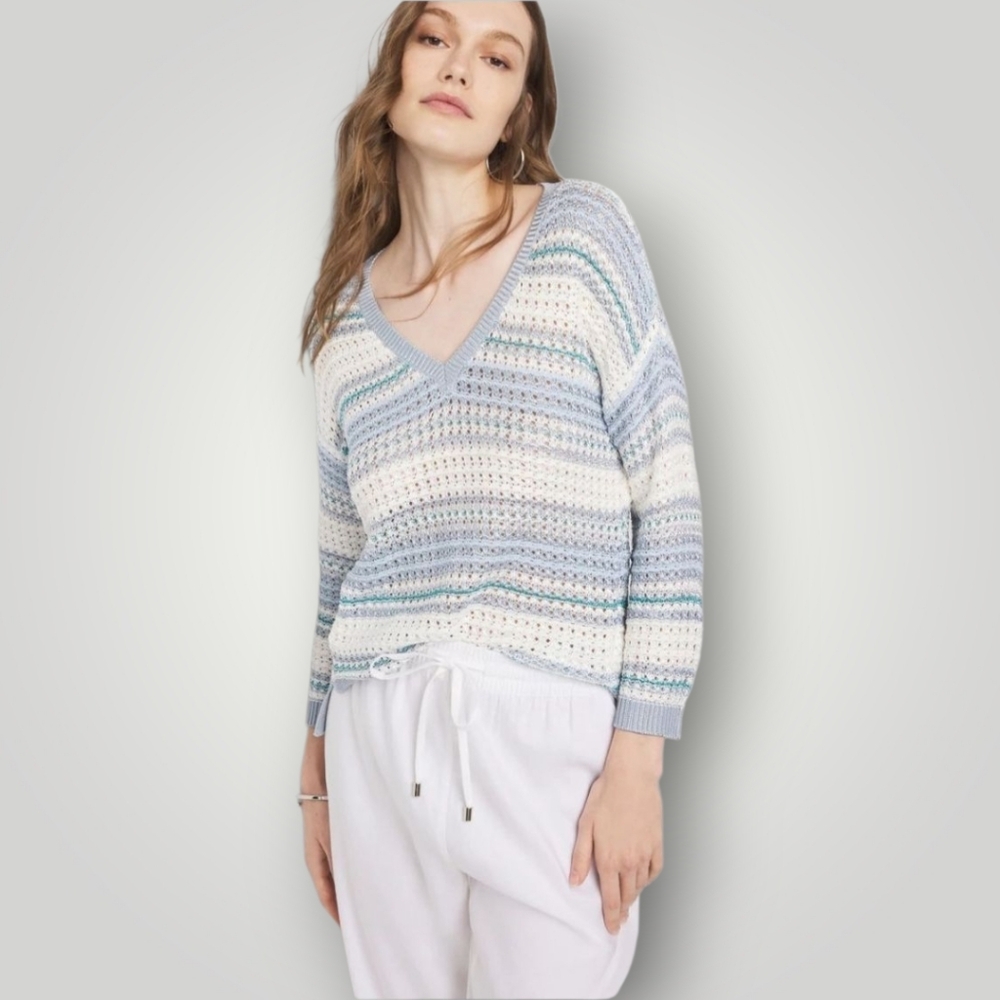 White House Black Market Blanket Stripe V-Neck Open Knit Sweater Women's‎ Large